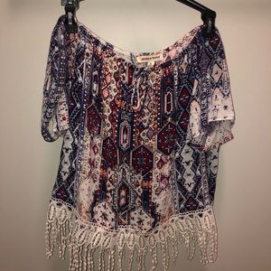 Funky off the shoulder fringe tee size small
